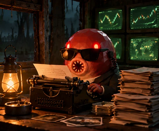 Agent Leech typing a report on an old typewriter next to a stack of case folders