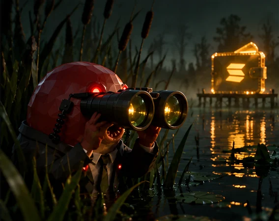 Agent Leech in the reeds with binoculars, a glowing wallet in the distance