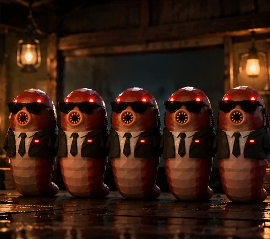 Five identical agent leeches standing in a row