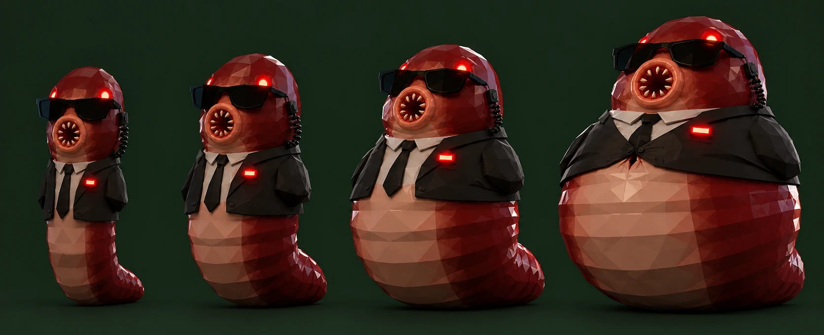 Four Agent Leeches in a row, from thin to so fat the jacket no longer buttons